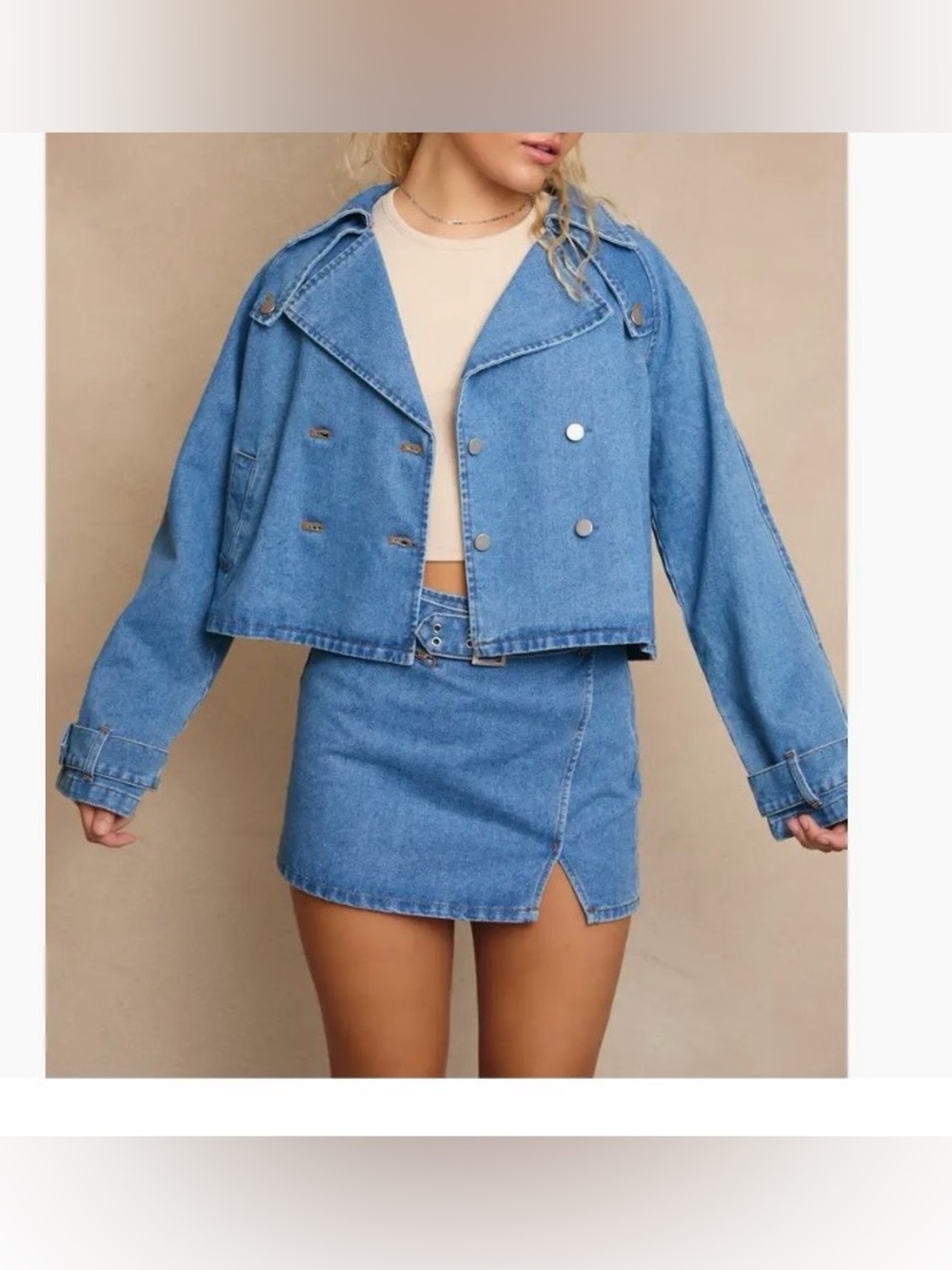 LE LIS Crop Denim Light Blue Trench Cotton Jacket NWT with side pockets NWT